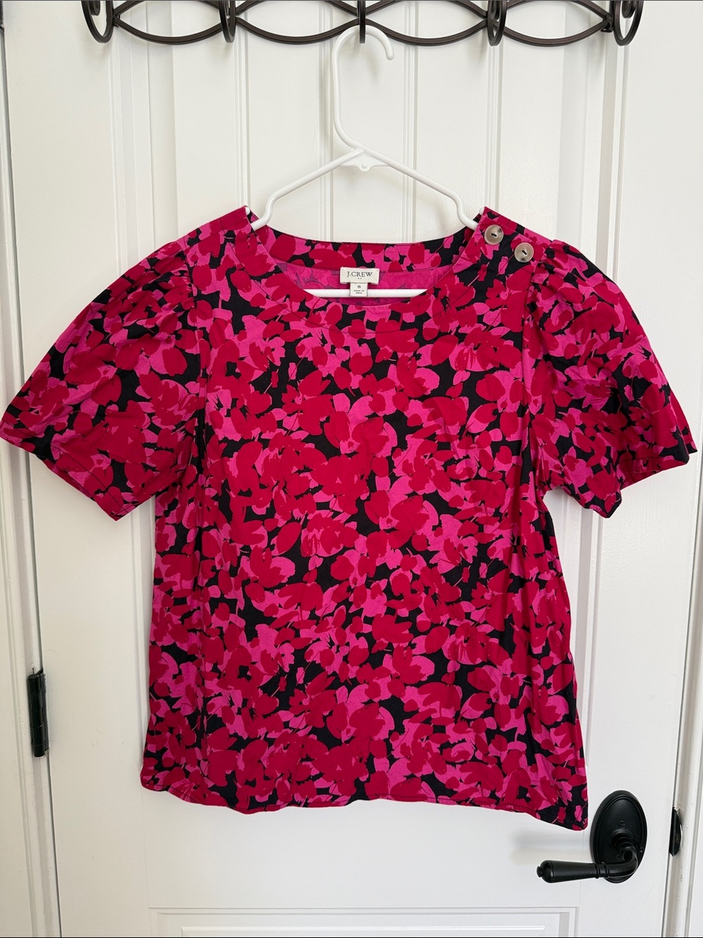 J. Crew Hot Pink and Black Floral Short Sleeve Top